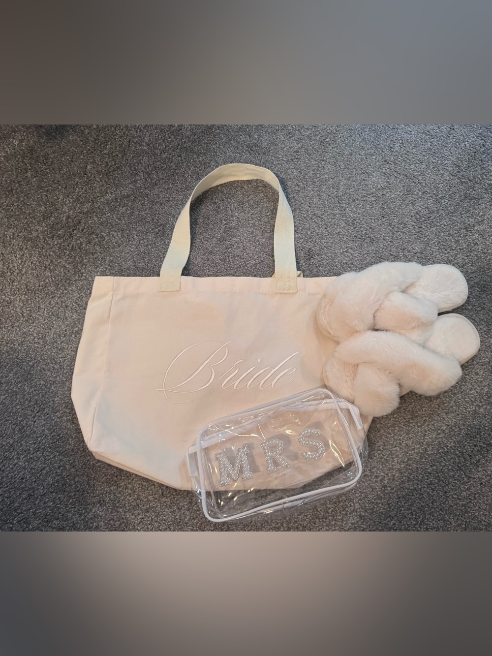 Bride Canvas Tote Bag in Cream with Clear 'MRS' Pouch Bundle